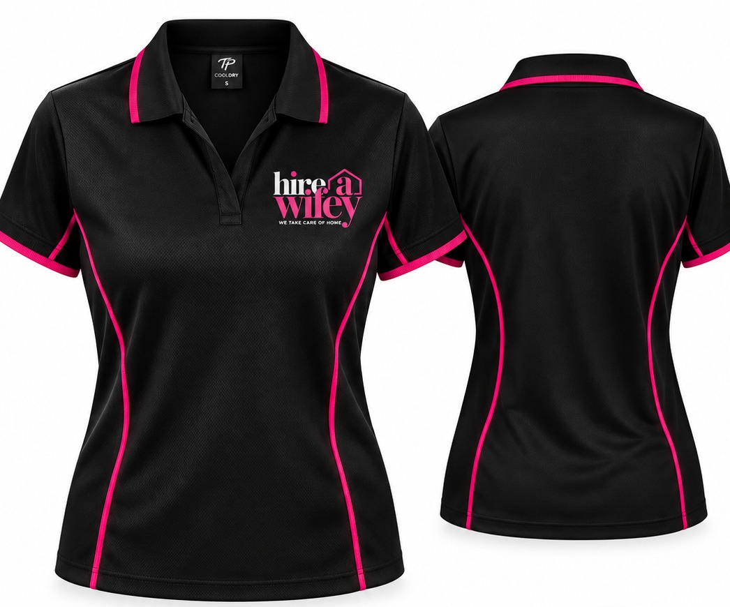 The Hire a Wifey uniform — a black polo with pink piping and the Hire a Wifey logo on the chest