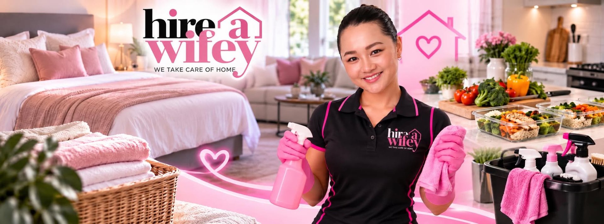 A Wifey in the branded polo between a made bed with fresh linen and a kitchen bench of prepared meals