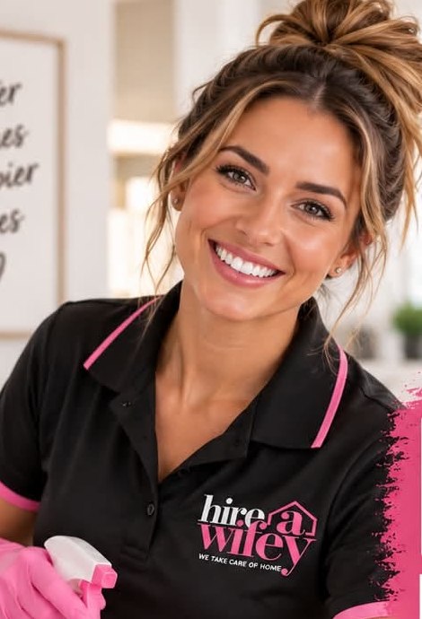 A Wifey at work in the branded Hire a Wifey polo